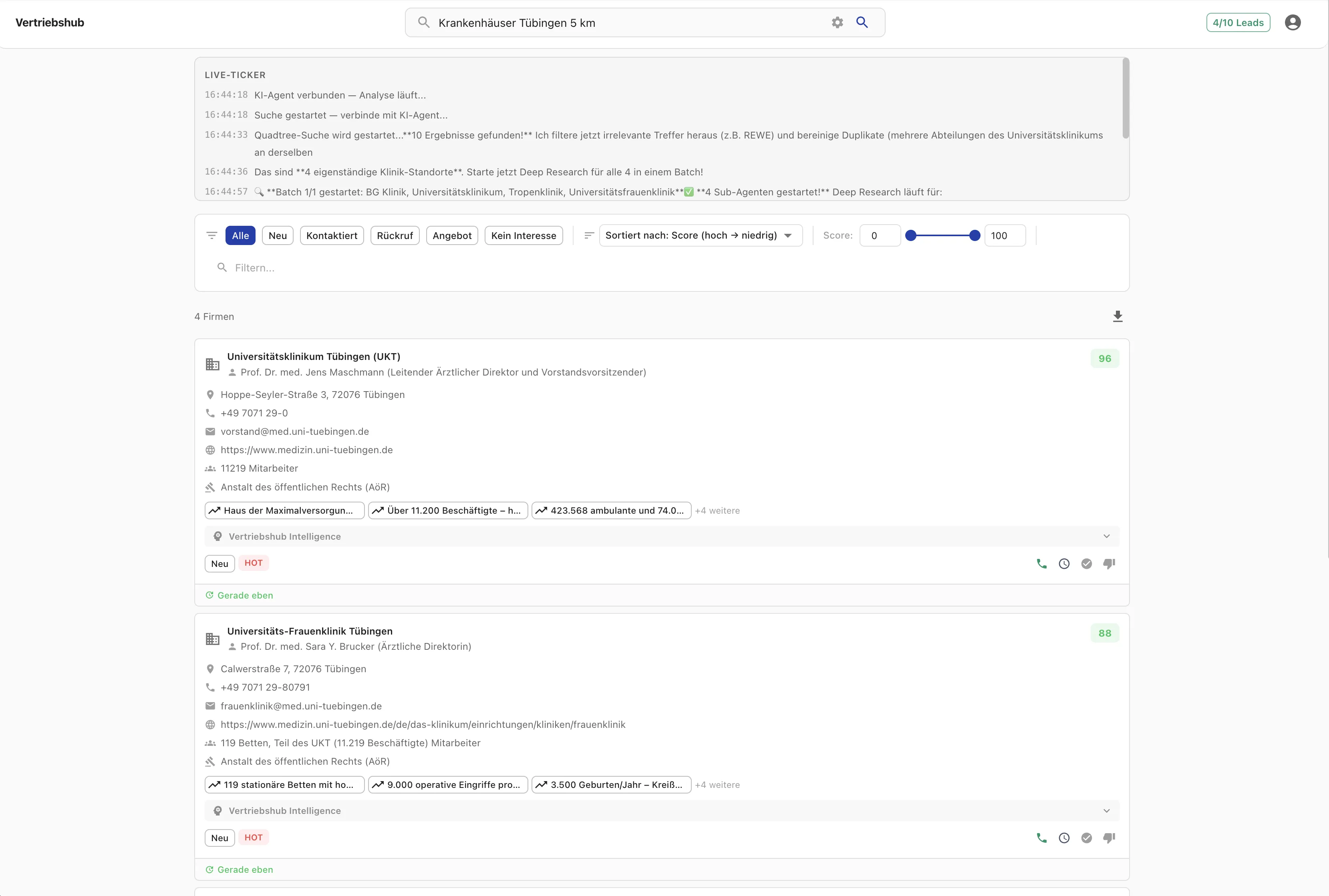 Live-Suche mit Ticker — Krankenhäuser Tübingen, Lead-Karten mit Scores