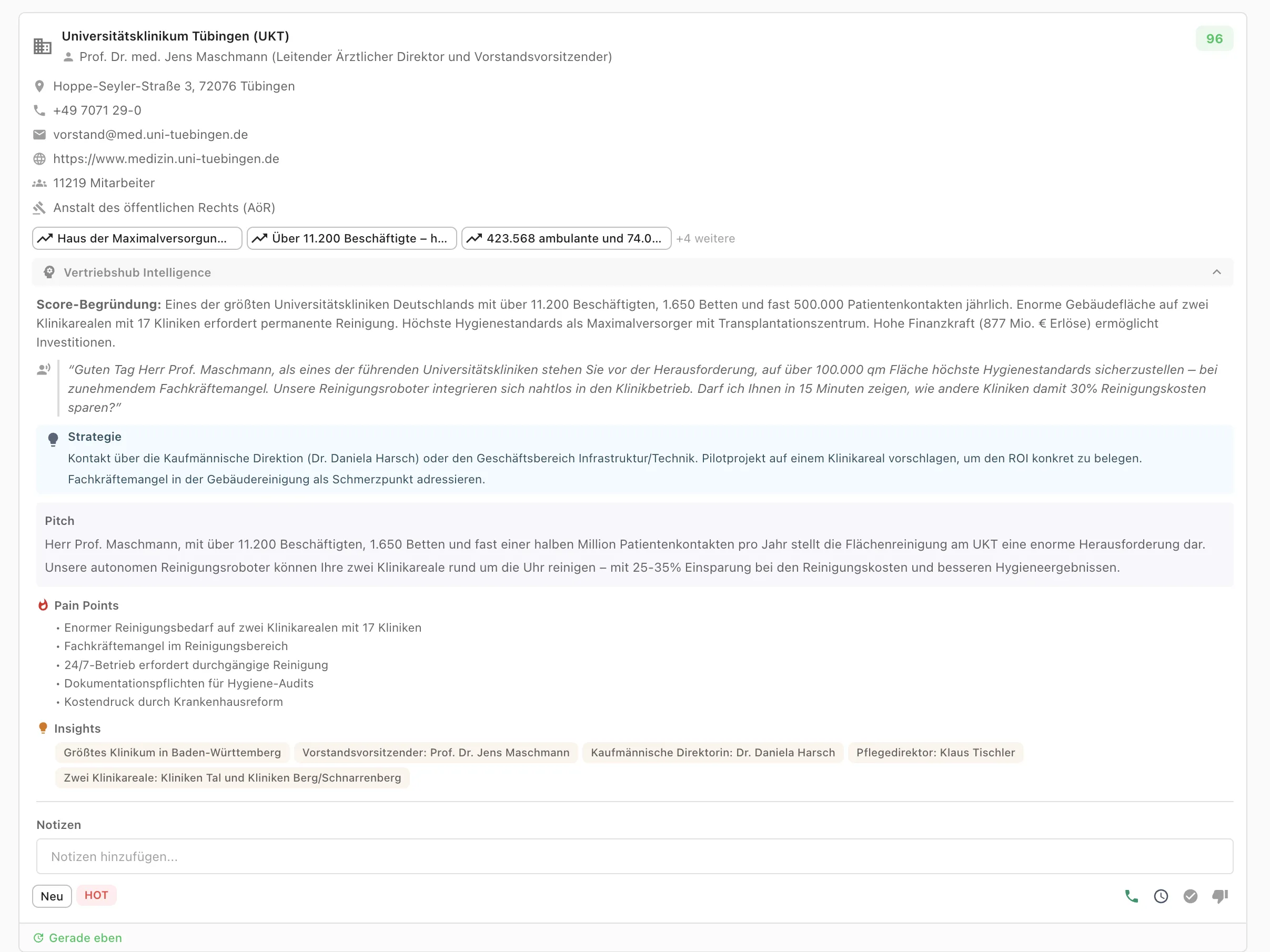 Lead-Detailansicht mit Score 96, Begründung, Pitch-Vorschlag und Strategie