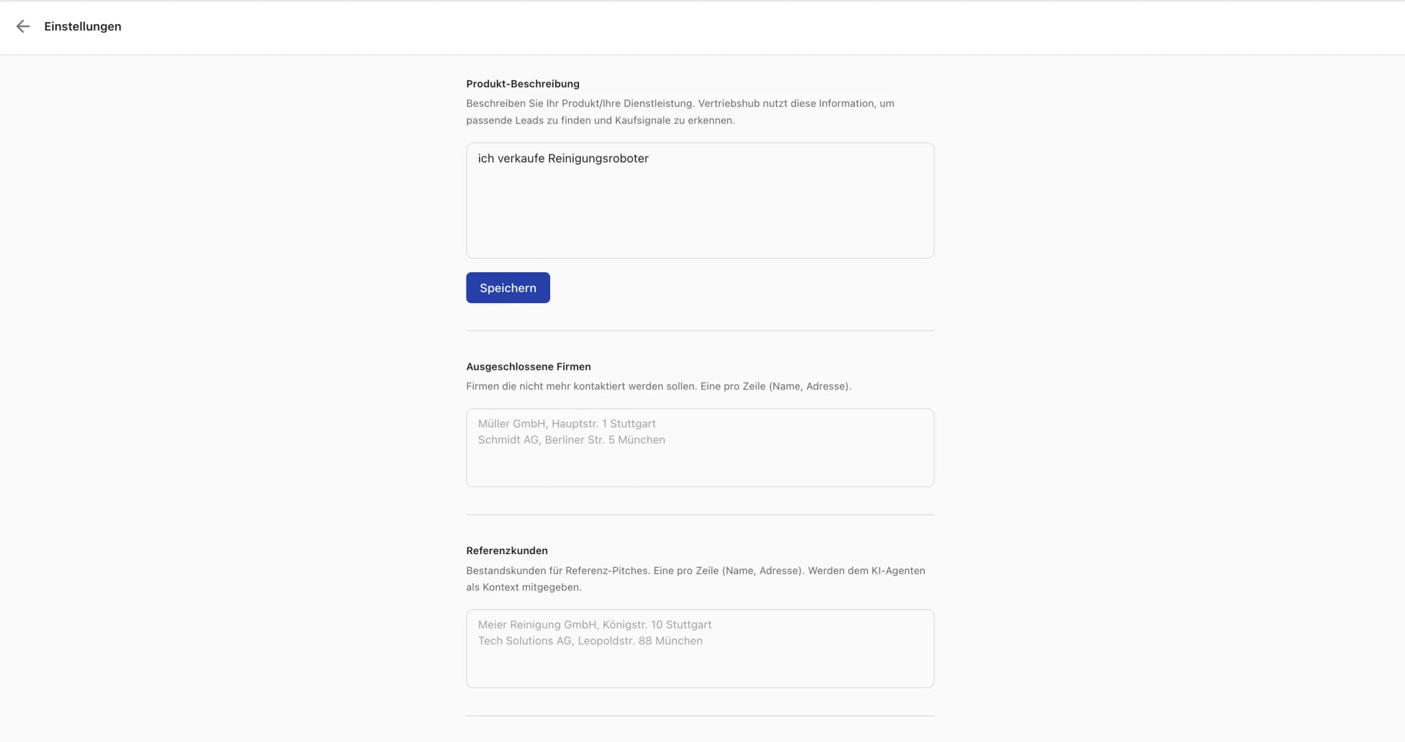 Einstellungen — Produkt-Beschreibung, Ausgeschlossene Firmen und Referenzkunden konfigurieren